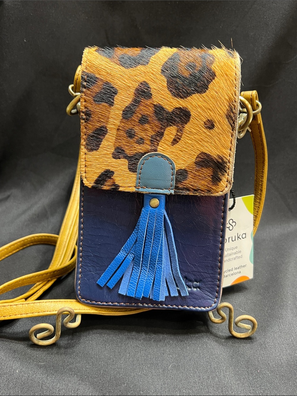 Leopard Print & Navy Crossbody with Blue Tassel - Women